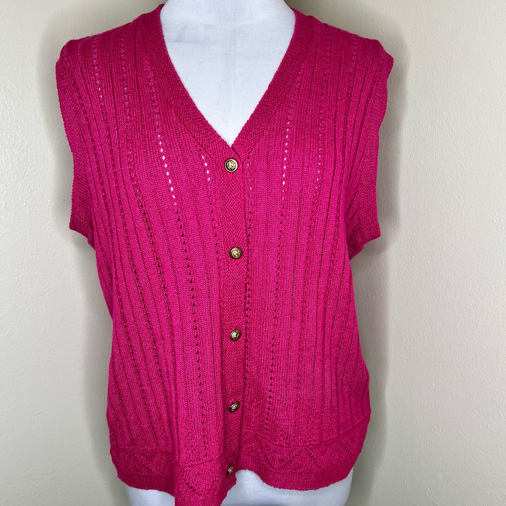 Vtg Cricket Lane Sweater Vest Large Womens Pink Knit Button Up 90s Made in USA